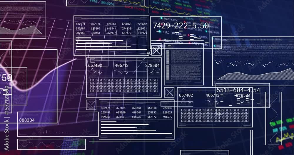 Poster on startup, wireframe panels floating on blue grid animating line graph to visualize market data