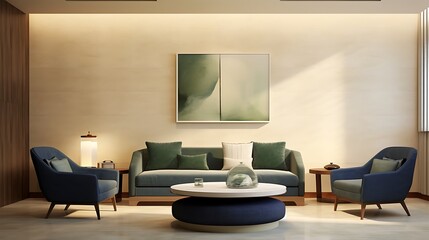 Artistic minimalist room with a luxurious navy modular sofa, moss green accent chair, cream-beige plaster textured walls, wooden center table with concrete base, and warm 