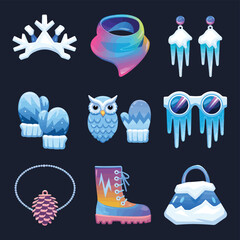 2d vector illustration icon, set of vibrant representing unique winter activities and sports
