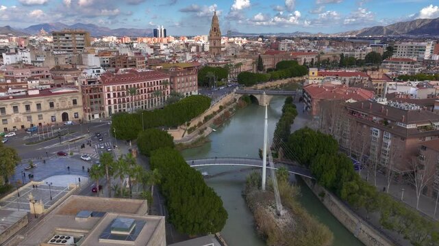 Aerial Drone Shot of Murcia, Spain. Aerial View on Cathedral and City center Old Town. The Capital of Murcia Province. 