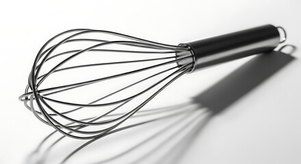 Stainless steel kitchen whisk isolated on a white background, a versatile metal cooking tool for mixing food