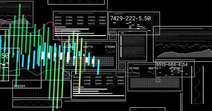 Wireframe panels appearing upon start guiding rising bars and updating windows for data analysis