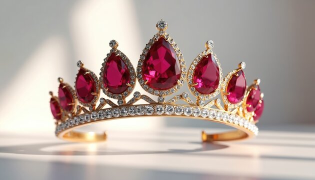 Gold tiara with red jewels arranged in symmetrical pattern on white background. Striking gold-colored crown design. Jewel arrangement creates striking visual effect.