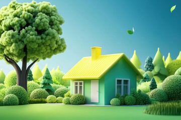 Eco-Friendly Residence with Green Plants, Energy-Efficient Design and Renewable Power Concept Illustrated Eco Friendly Modern House Greenery