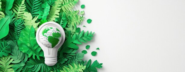 Eco-Friendly Lightbulb with Green Leaves on White Background: A Concept of Renewable Eco friendly
