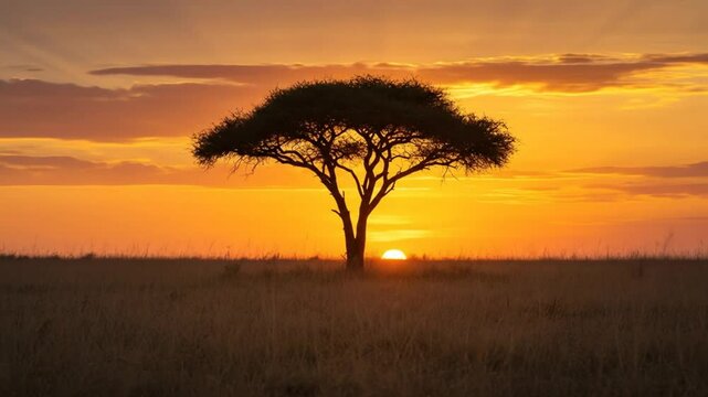 Stunning acacia tree silhouette at sunrise or sunset in golden grassland landscape