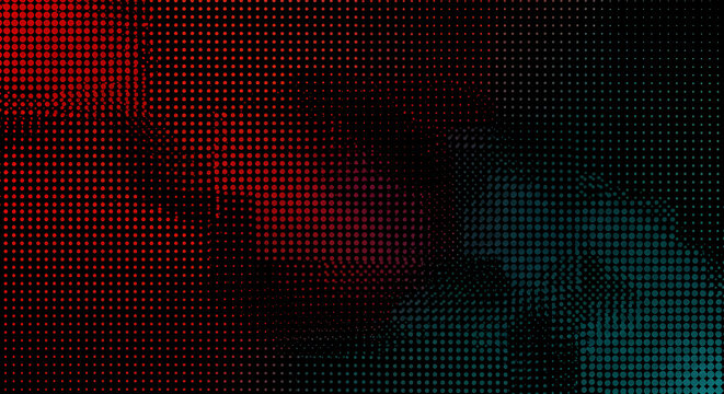 Abstract background with a grid of dots, featuring red and blue color gradients in opposing corners, creating a dynamic visual effect.