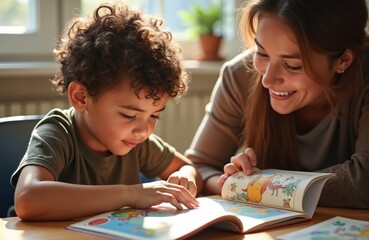 Young child sits at desk with book, hand ready to explore content. Adult seated next to child, engaged in reading session. Green shirt, beige shirt, plant in background add to scene. Learning