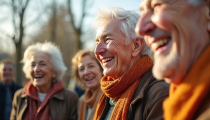 Group of seniors gather in park. Rich green trees backdrop. Individuals stand together, smiling at camera. One wears orange scarf, others don various colors. Joy, friendship, and warmth fill scene.