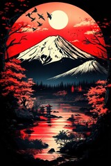 Tranquil Mount Fuji Landscape with Cherry Blossoms and Red Sun Capturing Japan's Serene