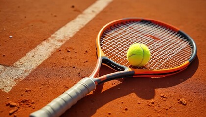 Tennis racket grips bright yellow tennis ball mid-air. Vibrant orange handle, black strings, red clay court with white lines. Diagonal position, action shot, open court, game equipment.