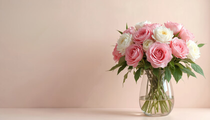 Obraz premium Pink, white roses bouquet in glass vase on wooden shelf. Vibrant flowers against light pink background. Clear glass vase with curved neck holds stems of flowers. Elegant arrangement of roses on shelf.