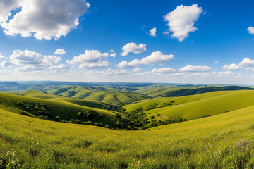 Fototapeta premium Rolling Green Hills Under a Bright Blue Sky with Fluffy Clouds