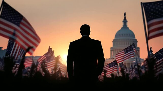 Back view of a confident man in a suit walking towards the U.S. Capitol, surrounded by American flags at sunrise USA politics, Capitol Hill, American patriotism, Washington DC