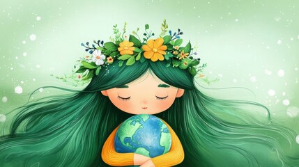 Adorable Girl Embracing Earth in Illustration: Day Environment Save World Concept Cute Hugging or Illustration