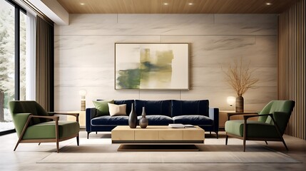 Artistic minimalist room with a luxurious navy modular sofa, moss green accent chair, cream-beige plaster textured walls, wooden center table with concrete base, and warm 
