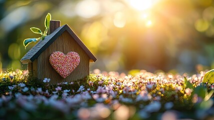 Heart-shaped flower in wooden house model, sunlight in public park, gifting real estate to loved ones.