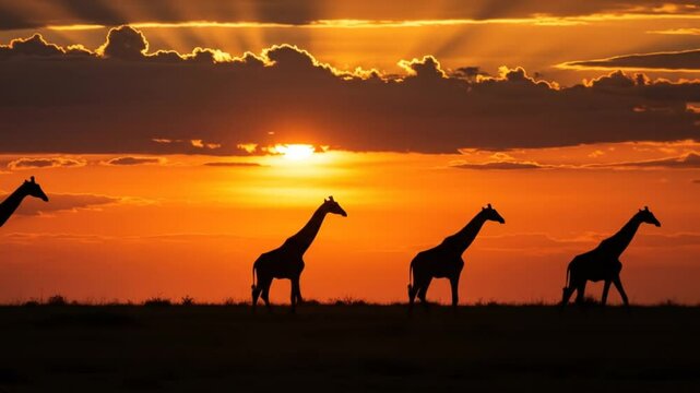 Stunning silhouette of three giraffes at sunset across african savanna