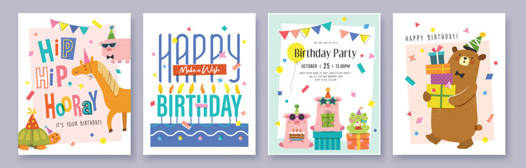 Set of Birthday greeting card with cute cartoon character animals, presents and colorful confetti.
