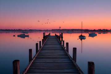 Fototapeta premium Serene Morning at the Wharf: A Harmonious Blend of Nature and Tranquility