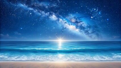 Fototapeta premium Vast ocean under a starry night sky with the milky way and a bright horizon glow