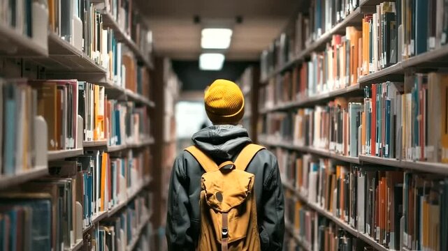 Happy student holding notebooks and textbooks in library college motivation, school preparation, teen education, study resources
