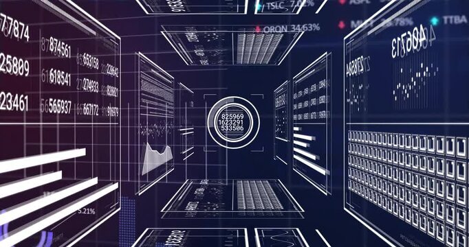 Panels fading in wireframe corridor, circular display incrementing numbers and charts showing data