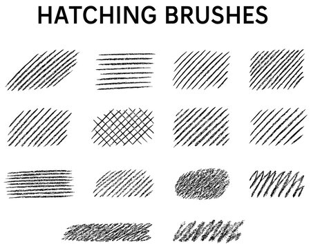 Diverse hatching brushes for artistic design and texture overlay creation perfect for illustrations and sketches.