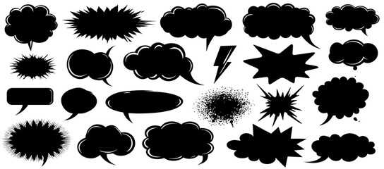 Big collection of empty black and white comic speech bubbles and tiny dark details. Speech bubble icons black