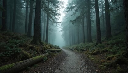 Obraz premium Winding dirt trail through dense forest with green trees and foliage. Lush atmosphere, tranquil forest floor with fallen leaves. Serene scenery with soft beige color tones.