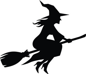A black witch silhouette on a broom with a cat, a classic Halloween fantasy illustration