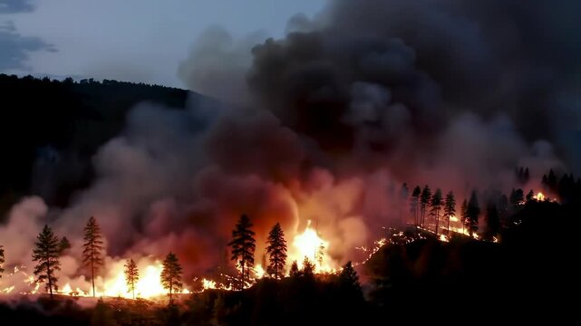 Forest is burning with large, dense smoke clouds filling the dark sky, creating a dramatic and dangerous scene with orange flames and dark shadows, ideal for illustrating environmental issues and disa