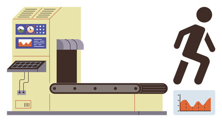 Treadmill with control panel, performance indicators, and silhouetted runner alongside activity chart. Ideal for fitness, technology, health tracking, workout monitoring, exercise science, wellness