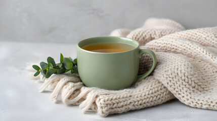 A cozy setup featuring a warm cup of green tea in a ceramic mug, placed beside a soft blanket. Evokes relaxation, wellness, and calm. Ideal for lifestyle, tea branding, or wellness visuals.