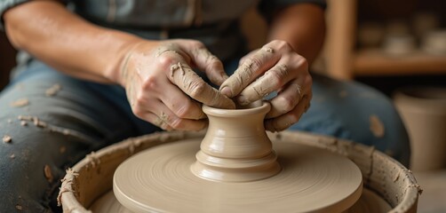 Fototapeta premium Potter uses wheel to shape clay into ceramic form. Skilled artisan hand guides movement with precision and skill. Gray workshop background. Potter workshop studio with pottery wheel and clay.