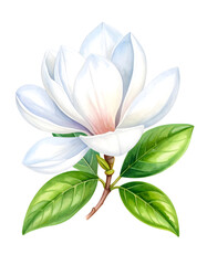 A watercolor painting of a large white magnolia flower with light pink accents and green leaves.