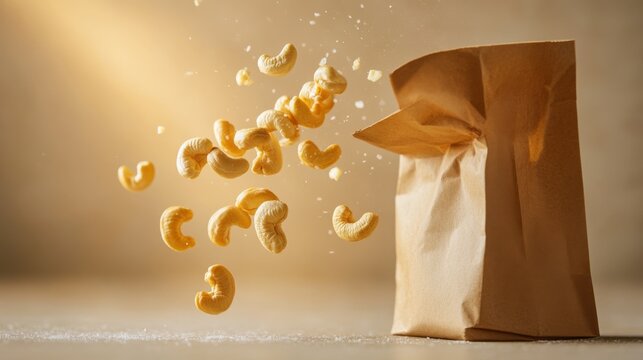 Nuts Tumbling Out of a Paper Bag in Soft Light