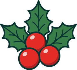 Christmas Holly Berries with Leaves – Flat Icon Vector Illustration