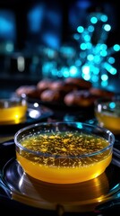 Bright dessert displayed on a dark table with glowing blue background during an evening gathering