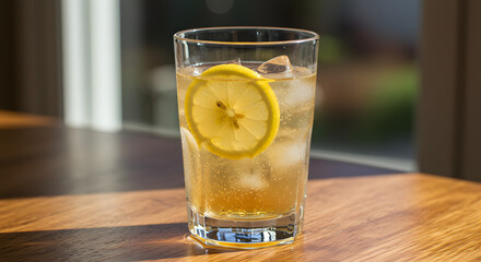 Refreshing Birch Sap Beverage with Lemon in Clear Glass PNG