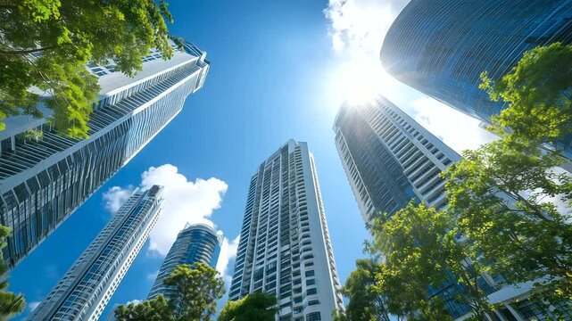 Skyscrapers, sunlight, blue sky, scattered clouds, green trees, urban planning, eco-city, modern construction, vertical cityscape, clean air, downtown skyline, architectural marvels
