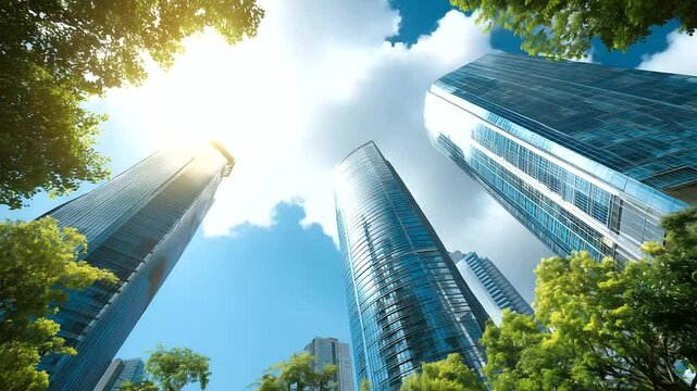 Skyscrapers, sunlight, blue sky, scattered clouds, green trees, urban planning, eco-city, modern construction, vertical cityscape, clean air, downtown