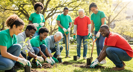 A diverse group of volunteers planting trees in a sunny park.