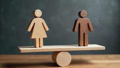 Male and female wooden symbols on balance scales. Wooden figures represent man and woman, balanced on a gray surface. Gray background with visual contrast between man and woman figure heights.