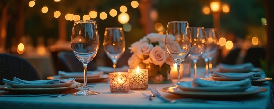 Tranquil garden dinner scene with elegant table setting. White tablecloth, wine, flowers, fine dining experience. Romantic evening atmosphere with plants and trees. - Powered by Adobe