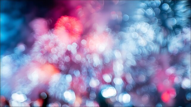 Blurry kaleidoscope dance of fireworks ignites visual symphony, perfect for Bastille Day exuberance or Diwali's luminous celebration