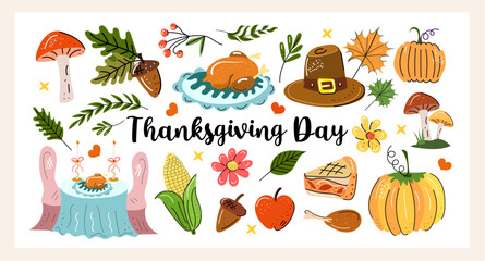  Thanksgiving Day hand drawn vector set with turkey, pumpkin pie, harvest food, mushrooms, leaves and cozy doodles. Perfect for cards, prints, stickers and autumn celebration decor