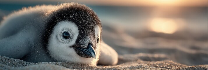 Young penguin resting on sandy beach during golden hour, displaying curious expression and soft feathers