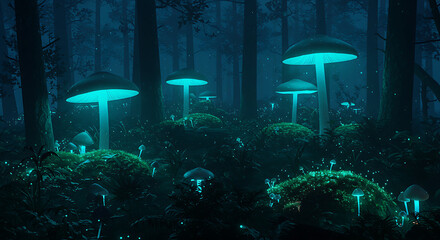 Mystical Glowing Mushrooms in a Dark Forest at Night, Fantasy Landscape