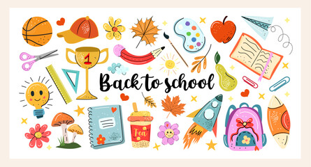 Back to School hand drawn cartoon vector set with school supplies, backpack, autumn leaves, books, trophy, art tools and fun doodles. Perfect for kids designs, prints, cards and education themes.
